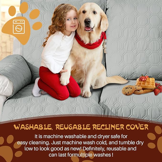 XINEAGE 100% Waterproof Recliner Chair Cover, Non Slip Covers for Recliner Chair with Pocket, Washable Dog Recliner Couch Cover with Elastic Straps (Light Gray, 28")