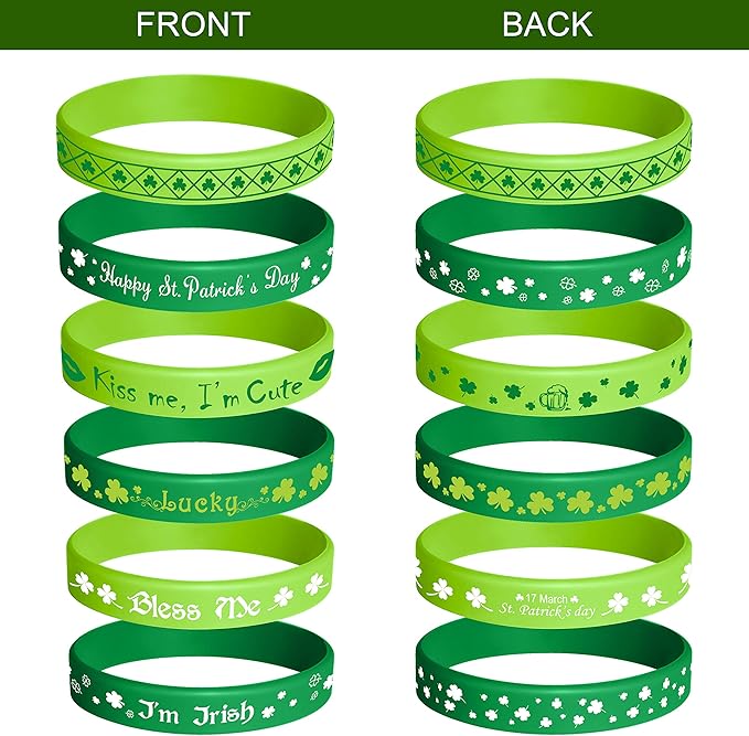 TUPARKA St. Patrick's Day Rubber Wristbands Silicone Shamrock Irish Wristband Bracelet for Party Favors Kids School Gifts Supplies, 36 Pcs 6 Styles