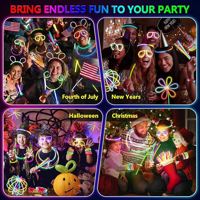 BUDI 467Pcs Glow Sticks Party Favors for Kids Adults 200 GlowStick Bulk 8 Colors 8 Inch & 267 Connectors for Glow in the dark Necklace Bracelets Glasses Party Supplies Light Up Toys Neon Accessories