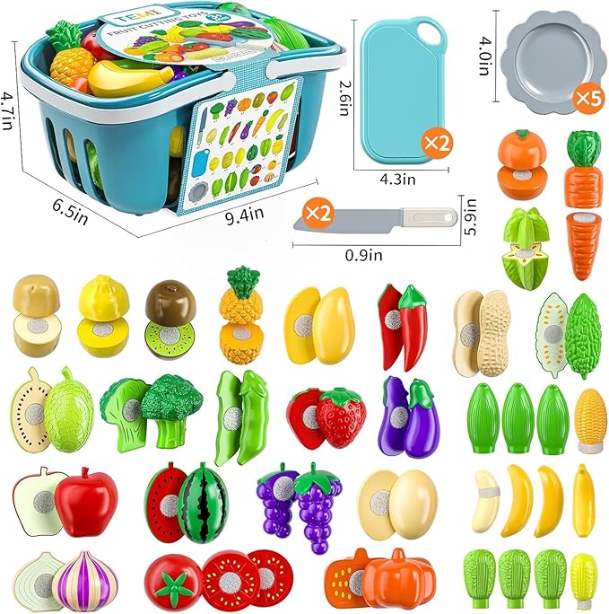 TEMI 70 Pieces Cutting Play Food Toy for Kids Kitchen - Pretend Fruit and Vegetables Accessories Toys for 3 4 5 6 Girls with Storage, Dishes and Knife, Educational Kitchen Toy for Toddlers Age 3-5