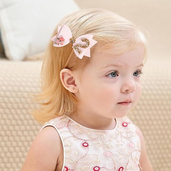 Birthday Girl bow for Baby Girls - 1st Birthday Pink Bow Headdress,Gold Glitter Birthday Bow Headband Flowers