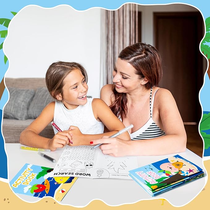 Summer Activity Books for Kids - 24Pcs Coloring Fruits Books Set Bulk Summer Tropical Search Mazes Word Scramble Games Mini Books for Party Goodie Bags Stuffers School Classroom Favors