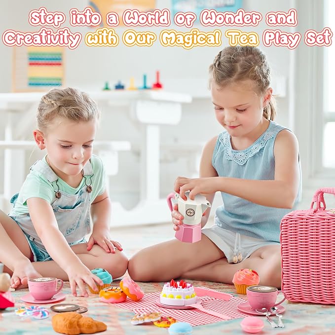 Tea Party Set for Little Girls, 30 Pcs Picnic Basket Set with Carry Case, Teapot, Tea Cup, Dessert & Table Cloth, Pretend Play Toy Gifts for Kids 4 5 6 Year Old (Pink)…