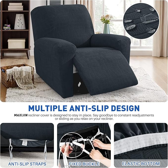 MAXIJIN Waterproof Recliner Chair Covers 3 Pieces Recliner Cover That Stay in Place, Washable Lazy Boy Recliner Slipcovers with Pockets Reclining Protector for Pet, Kids (Recliner, Dark Gray)
