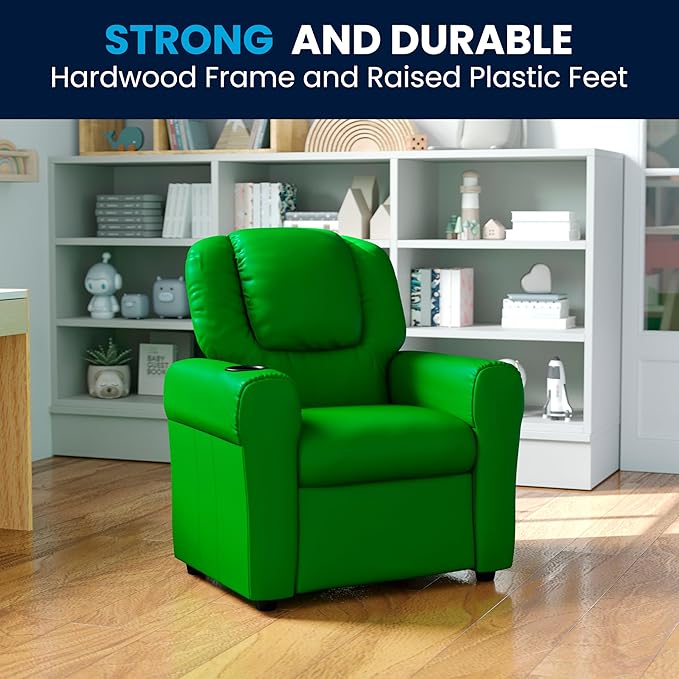 Flash Furniture Vana Vinyl Kids Recliner with Cup Holder, Headrest, and Safety Recline, Contemporary Reclining Chair for Kids, Supports up to 90 lbs., Green