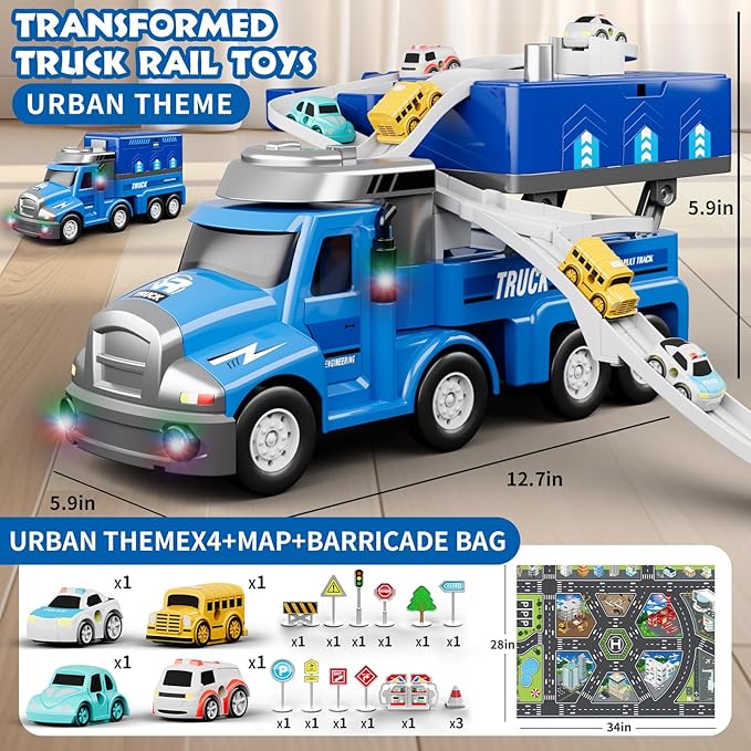 Dwi Dowellin Truck Toys for Kids 3 4 5 6 Years Old, Vehicle Toys for Kids with 4 City Cars and Playmat 3-5 (Blue)