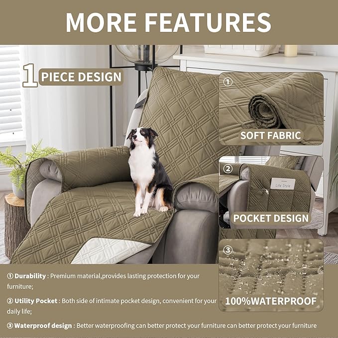 Easehomey 100% Waterproof Recliner Chair Covers, Non Slip Dog Chair Cover Furniture Protector Washable Chair Cover with Pocket, Elastic Straps for Kids,Pets,Dogs (Khaki, 23.6")