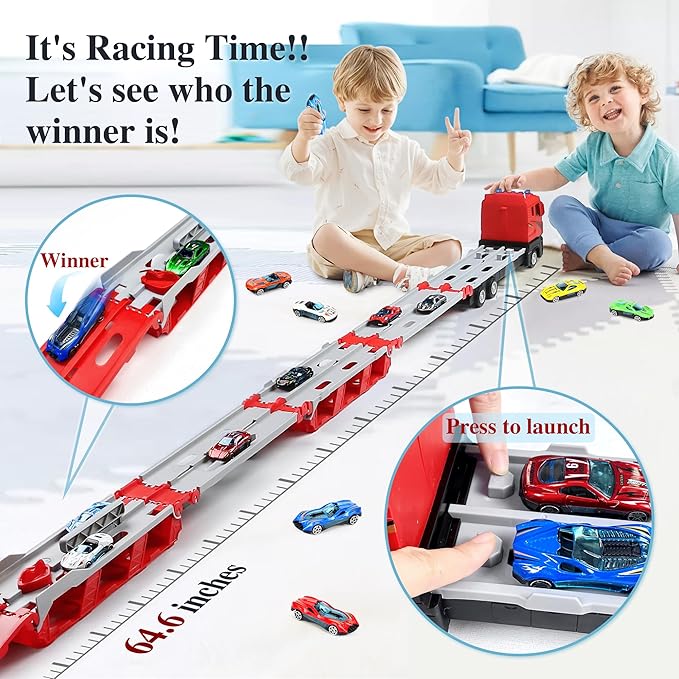 Toy Trucks with 64-Inch Ejection Race Track, Catapulting Racing Track with 6 Cars 4 5 6 7 8 9