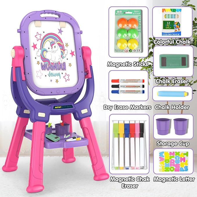 Victostar Easel for Kids, Rotatable Double Sided Adjustable Standing Art Easel with Drawing & Writing Accessories for Kids Boys and Girls