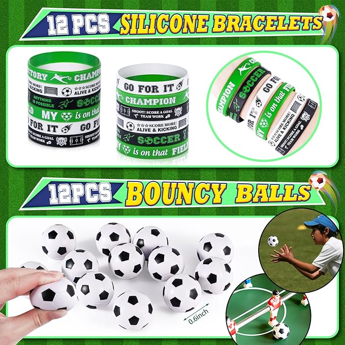 Winrayk 146Pcs Soccer Party Favors Birthday Supplies for Kids, Straw Bouncy Ball Puzzle Toy Bracelet Gift Bag Whistle Sticker Keychain, Goody Stuffer Girls Boys Sports Soccer Themed Party Favors Decor