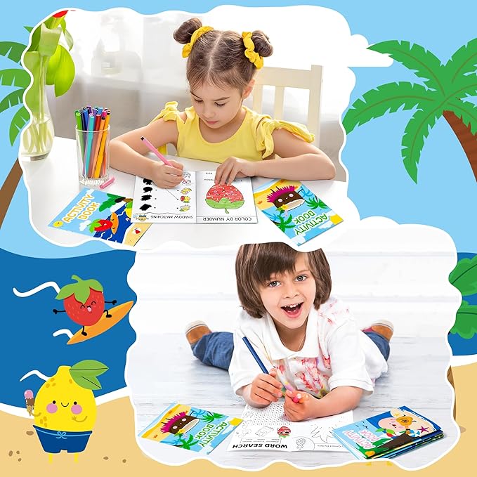 Summer Activity Books for Kids - 24Pcs Coloring Fruits Books Set Bulk Summer Tropical Search Mazes Word Scramble Games Mini Books for Party Goodie Bags Stuffers School Classroom Favors