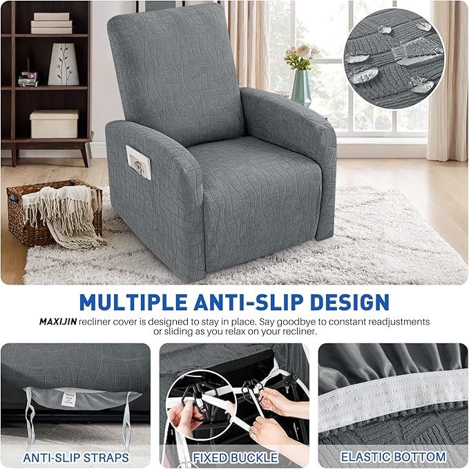 MAXIJIN Waterproof Small Recliner Chair Covers 3 Pieces Recliner Cover That Stay in Place, Lazy Boy Recliner Slipcovers with Pockets Reclining Protector for Pet (Small Recliner, Light Gray)