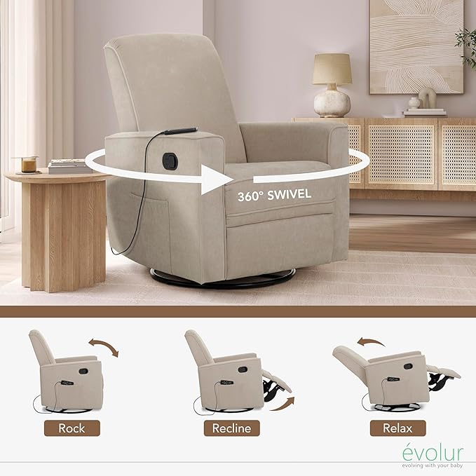 Evolur Raleigh Glider with Massager in Charcoal, Upholstered Plush Seating 360° Swivel Glider Rocking Chair, FSC Certified, Greenguard Gold & JPMA Certified Nursery Glider Recliner