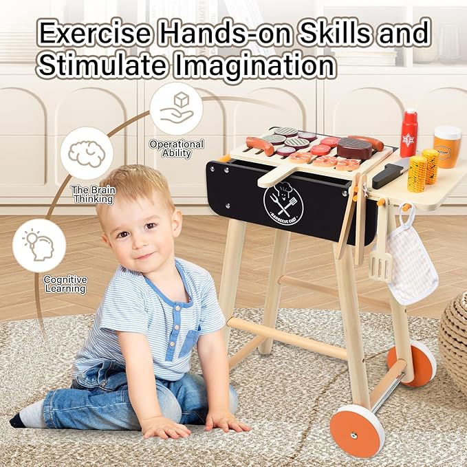 Wooden Play Barbecue Toy Grill, Kids BBQ Grill Playset with Play Food and Grilling Tools, Kids Cooking Sets, Outdoor Play Kitchen Set Kids, Pretend Play Kitchen Accessories Toddlers Age 3+