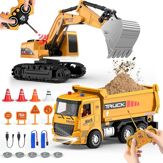 YAYYAY 2 Pack Construction Toy Trucks - Remote Control Excavator 6 7 8+