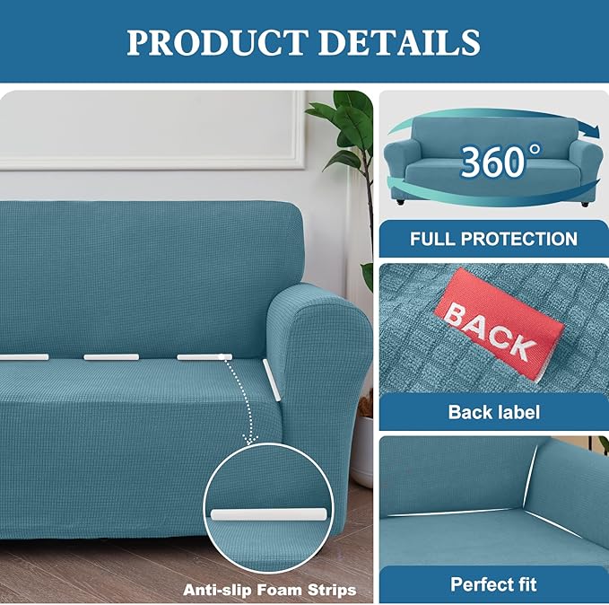 100% Waterproof Jacquard Fabric Couch Cover, Dual Layer with TPU Film, Leakproof High Elasticity Non-Slip Washable Furniture Protector for Pets, Dogs, Cats and Kids (Loveseat,Dusty Blue)