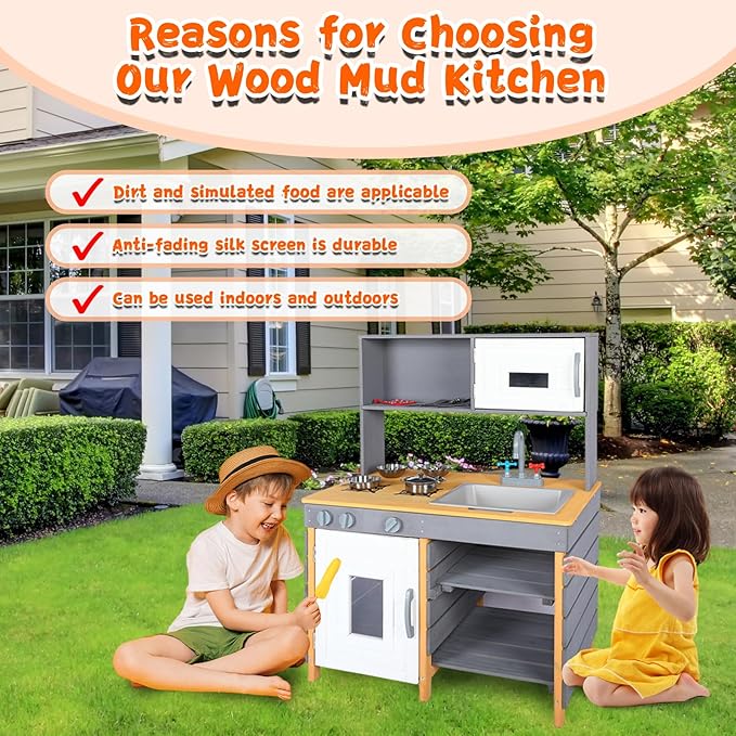 Wooden Mud Kitchen, Outdoor Play Kitchen with Removable Sink,Water Box & Faucet,Stove Top, Storage Bags& Metal Basket,Kitchen Backyard Outdoor Pretend Kitchen for Kids