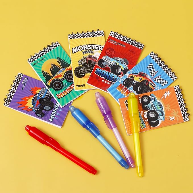Winrayk Monster Truck Party Favors Kids Birthday Supplies, Invisible Ink Pen Notebook Straw Gift Bag DIY Sticker Keychain Slap Bracelet, Pinata Filler Goody Stuffer Game Boys Monster Truck Party Decor