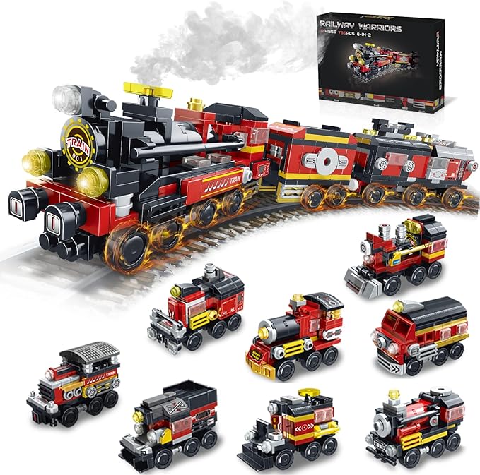 Transforming Train Building Block Toys for Boys Girls Aged 6-12.Steam Train or 8 Locomotive Models or Train Warrior Robot.Wheeled Train Toys.8in2 Construction Toys.Idea Gifts for Kids(766P)