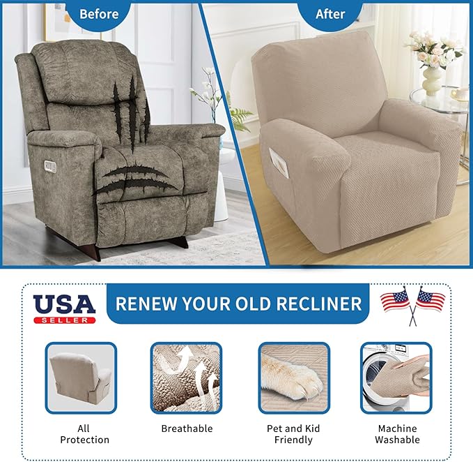 XINEAGE 4 Pieces Recliner Cover Stretch Jacquard Recliner Chair Covers Soft Recliner Slipcovers with Pocket for Kids and Pets, Washable Couch Cover (Recliner, Khaki)
