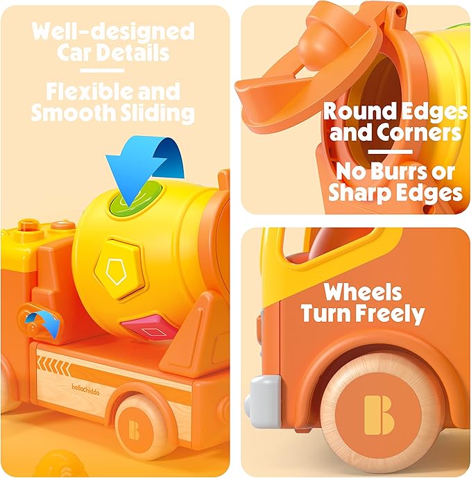 BELLOCHIDDO Wooden Toy Cars for Toddlers - Learning Sort and Match, Shape Sorter Toys 2 3 4 Year