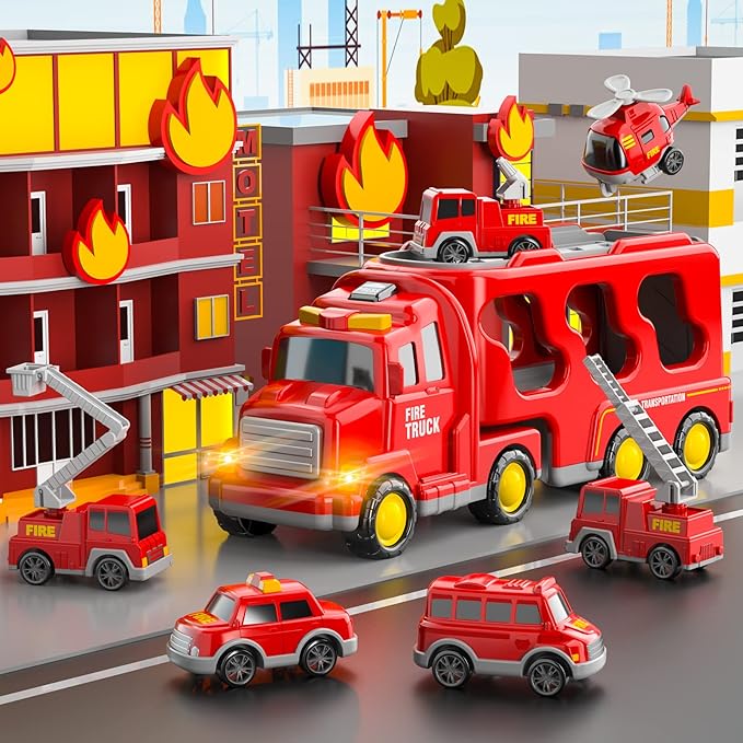 Bennol Toddler Toys for 1 2 3 4 5 6 Years Old Boys, 7 in 1 Fire Car Trucks Playset with Play Mat & Accesoories 1-3 3-5