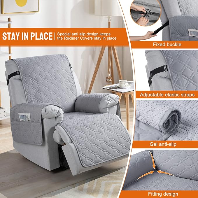 VANSOFY 100% Waterproof Recliner Chair Covers, Recliner Cover Non-Slip Dog Chair Cover Furniture Protector Washable Slipcover with Pocket, Elastic Straps for Pets, Dogs(Light Gray, 23.6")