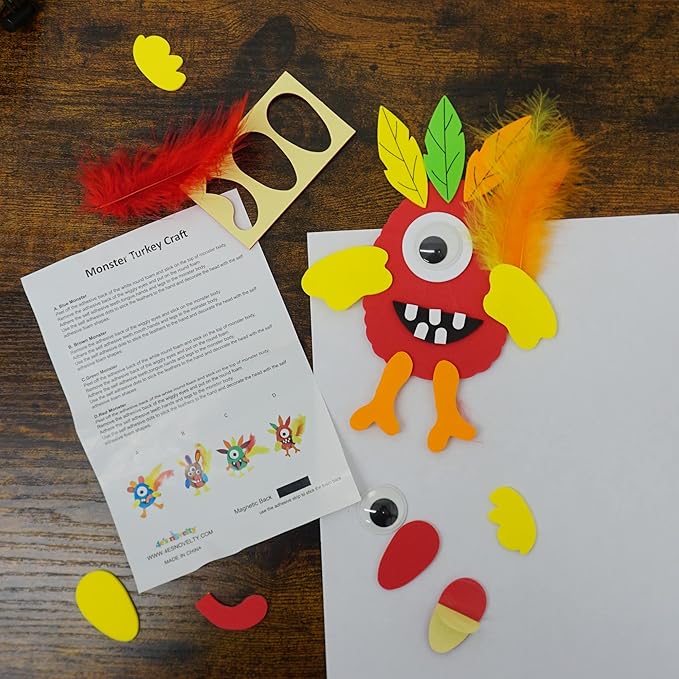 4E's Novelty Monster Turkey Crafts for Kids (12 Pack) Halloween Bulk Foam Magnet Craft Kit, Thanksgiving Crafts for Kids 4-8, 3-12, Thanksgiving Activities for Kids