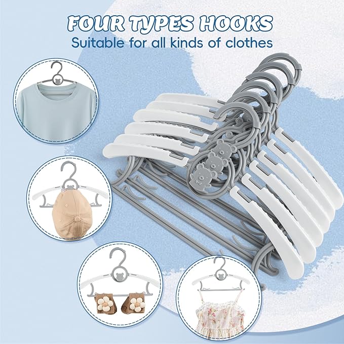 Kids Hangers 80 Pack Baby Hangers, Extendable & Adjustable Kid Hangers, Non-Slip Plastic Baby Clothes Hangers for Kids Infant Child - Stackable Hangers for Baby Clothes Grey Toddler Hangers