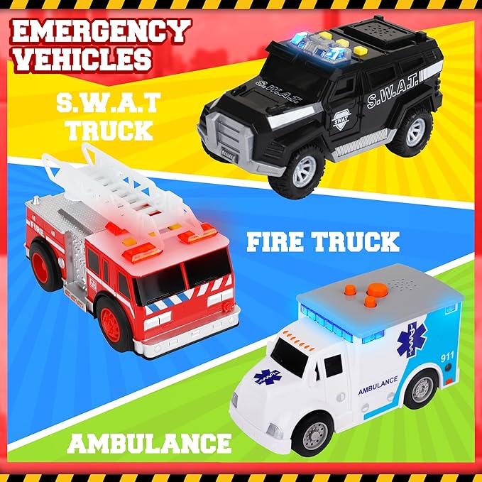 Toy Cars for Toddlers - 6Pcs Pull Back Cars Toys with Light and Sounds, City and emergency vehicles set