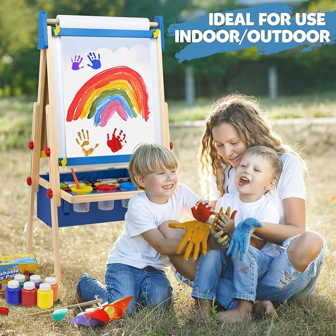 Art Easel for Kids Easel for Toddlers, Adjustable Wooden Kids Drawing Easel with Magnetic Whiteboard & Chalkboard, Kids Dry Erase Board, Easel for Kids Ages 3 4-8 9-12, Blue w/Bag