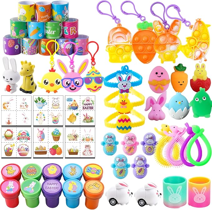 YiYLunneo 100 Pcs Easter Egg Fillers, Easter Basket Stuffers Fillers for Kids Boys Girls Easter Party Favors Assortment, Easter Eggs Hunt, Easter Gift Goodie Bags Filler Classroom Prize Supplies