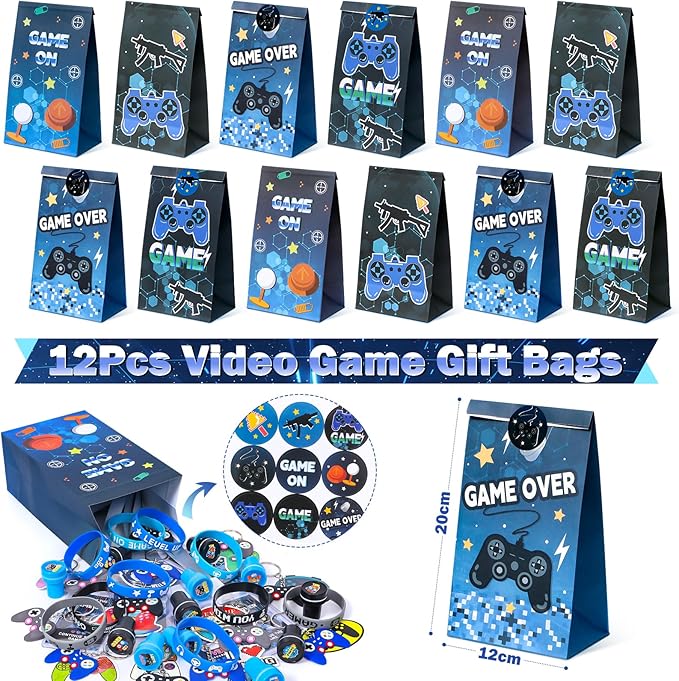 Winrayk 136Pcs Kids Video Game Party Favors Gamer Birthday Supplies, Straw VIP Pass Bag Bracelet Stamper Glow Sticker Keychain, Pinata Filler Goody Stuffer Girl Boy Game On Gaming Party Favors Decor