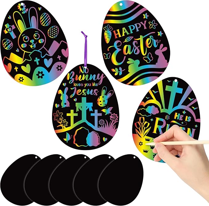BeYumi 60Pcs Easter Eggs Scratch Cards for Kids DIY Magic Rainbow Color Craft Kit Paper Art Party Favors Christian Easter Eggs Resurrection Religious Sunday School Classroom Decorations Supplies Gifts