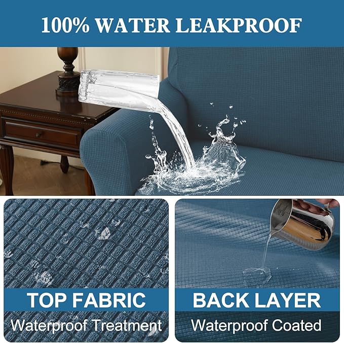 100% Waterproof Jacquard Fabric Couch Cover, Dual Layer with TPU Film, Leakproof High Elasticity Non-Slip Washable Furniture Protector for Pets, Dogs, Cats and Kids (Loveseat,Berlin Blue)