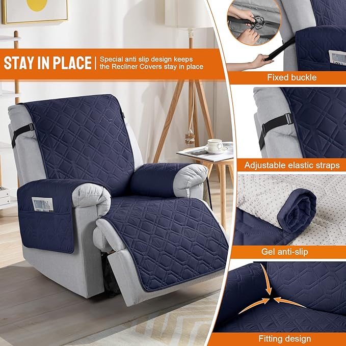 VANSOFY 100% Waterproof Recliner Chair Covers, Recliner Cover Non-Slip Dog Chair Cover Furniture Protector Washable Slipcover with Pocket, Elastic Straps for Pets, Dogs(Dark Blue, 23.6")