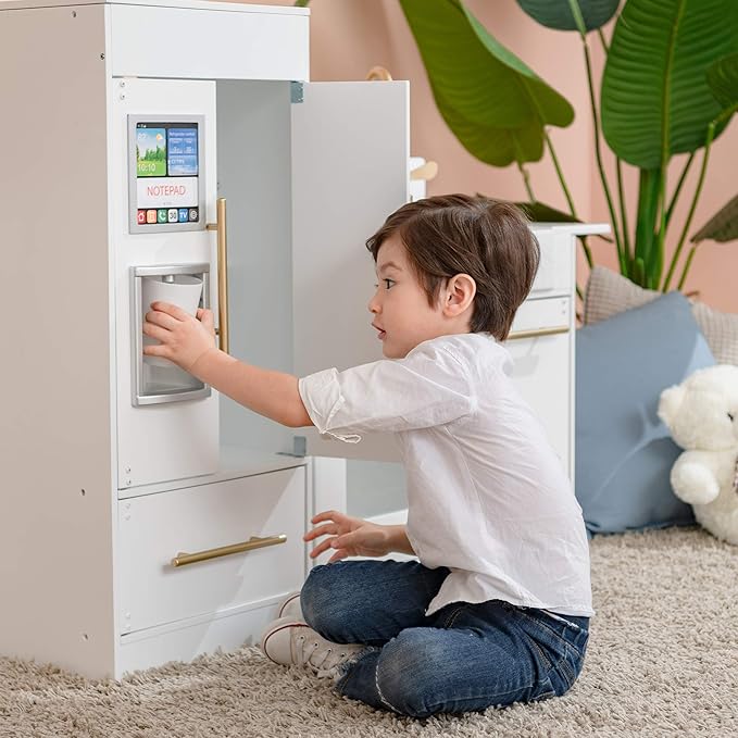 Teamson Kids Little Chef Charlotte Modern Modular Interactive Wooden Play Kitchen with Refrigerator, Stove and Sink in White with Gold Finishes