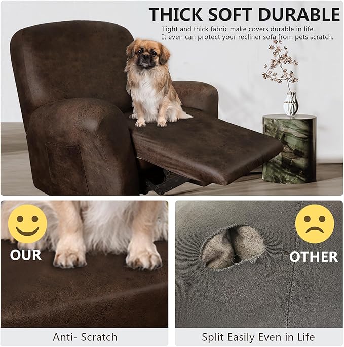 Leather Look Recliner Chair Covers Stay in Place 4-Piece Lazy Boy Recliner Slipcovers for Reclining Chair Furniture Protector Spandex Fabric Washable (Large, Dark Brown)