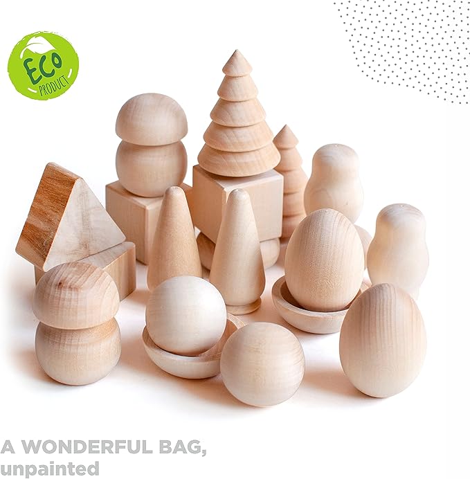 Ulanik Wonderful Bag Toddler Montessori Toys for 3 Year Old + Unfinished Wooden Figurines for Shape Sorting & DIY Painting Pyrography Decoupage Crafts β 20 pcs