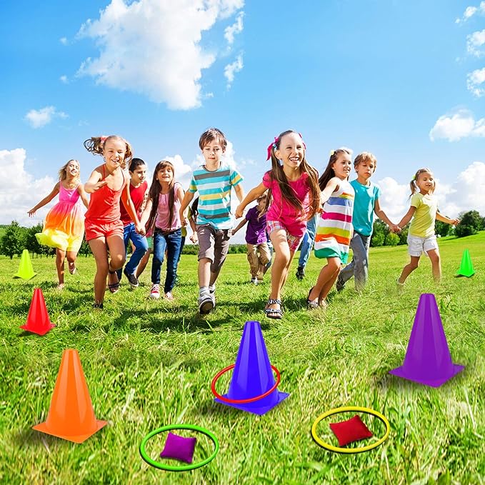 unanscre 31PCS 3 in 1 Carnival Outdoor Games Combo Set for Kids, Soft Plastic Cones Bean Bags Ring Toss Game, Gift for Birthday Party/Xmas