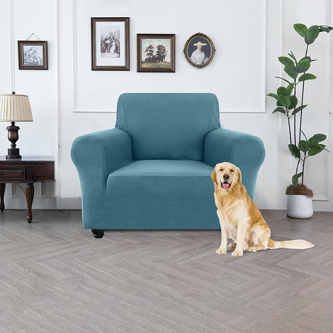 100% Waterproof Jacquard Fabric Couch Cover, Dual Layer with TPU Film, Leakproof High Elasticity Non-Slip Washable Furniture Protector for Pets, Dogs, Cats and Kids (Chair,Dusty Blue)