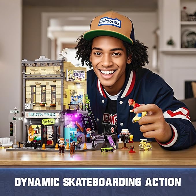 FUNWHOLE Skate-Shop Lighting Building-Bricks Set - Street Fusion City Skate Store Collection LED Light Modular Building Kit 1573 Pcs for Adults and Teen