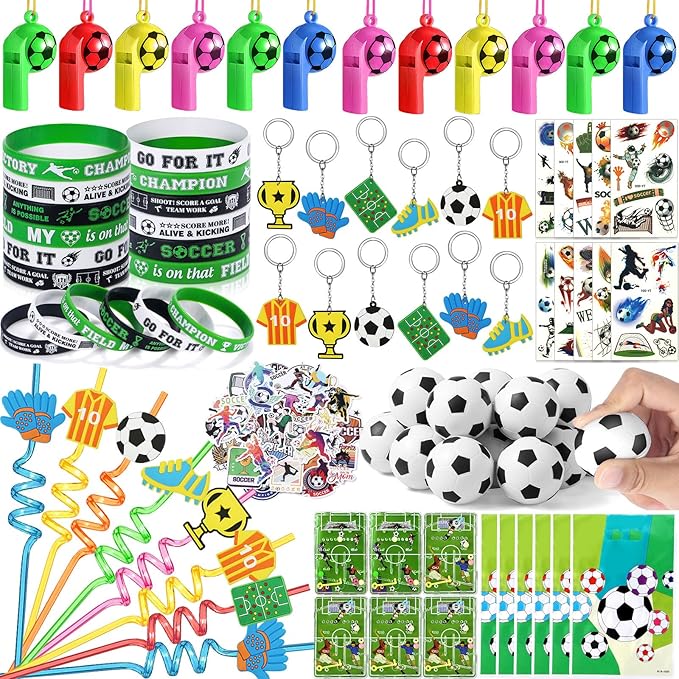 Winrayk 146Pcs Soccer Party Favors Birthday Supplies for Kids, Straw Bouncy Ball Puzzle Toy Bracelet Gift Bag Whistle Sticker Keychain, Goody Stuffer Girls Boys Sports Soccer Themed Party Favors Decor