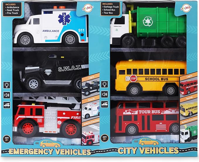 Toy Cars for Toddlers - 6Pcs Pull Back Cars Toys with Light and Sounds, City and emergency vehicles set