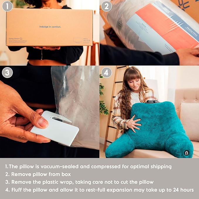 Nestl Fur Reading Pillow, Stylish Back Pillow for Bed Sitting Up, Faux Fur Bed Chair Pillow with Arms, Reading Pillows for Sitting in Bed Adult & Kids, Sit Up Back Support Pillow for Bed Rest - Teal