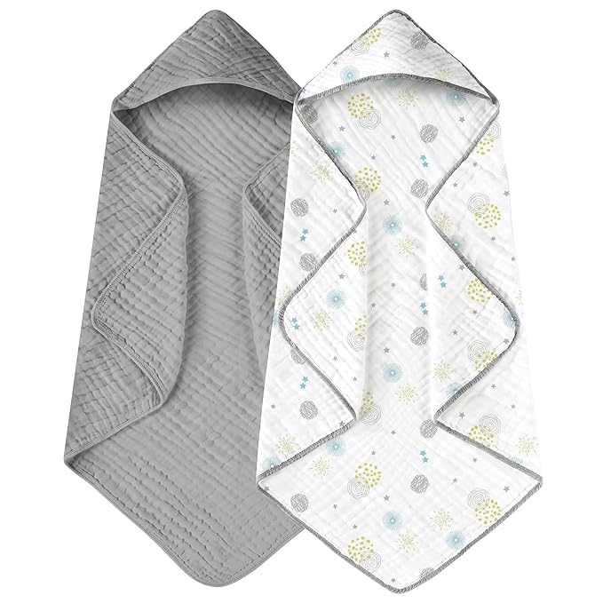 Yoofoss Hooded Baby Towels for Newborn 2 Pack 100% Muslin Cotton Baby Bath Towel with Hood for Babies, Infant, Toddler and Kids, Large 32x32Inch, Soft and Absorbent Newborn Essential