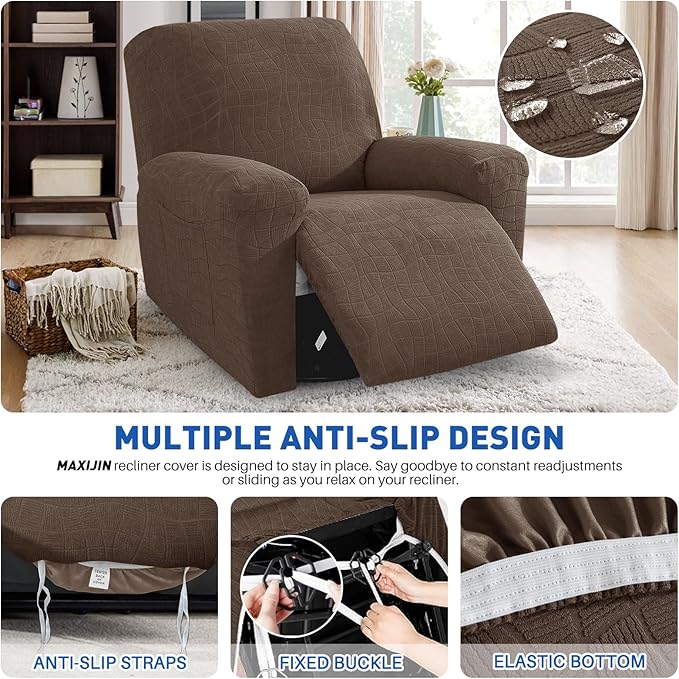 MAXIJIN Waterproof Recliner Covers for Large Recliner 3 Pieces Oversized Recliner Chair Covers, Washable Lazy Boy Reclining Slipcovers with Pockets for Pet, Kids (XL Recliner, Light Coffee)