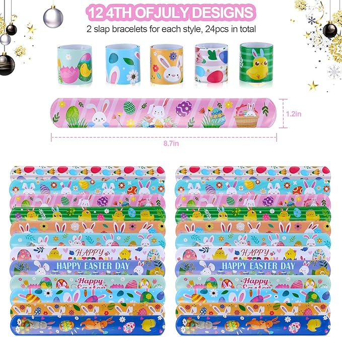 xutengy 48Pcs Easter Party Favors Decorations Slap Bracelets Rubber Wristbands for Kids Girls Boys,Easter Basket Stuffers Easter Egg Fillers Gifts for Toddlers