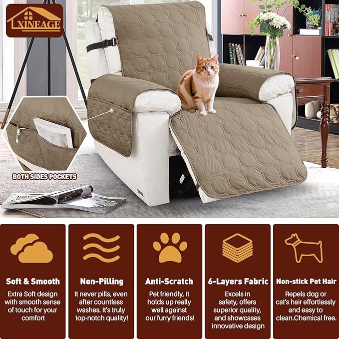 XINEAGE 100% Waterproof Recliner Chair Cover, Non Slip Covers for Recliner Chair with Pocket, Washable Dog Recliner Couch Cover with Elastic Straps (Light Coffee, 30")