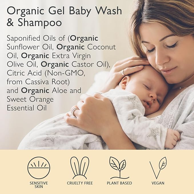 SoCal Suds & Company Organic Gel Baby Wash & Shampoo, Gentle Cleansing Infant Hair & Body Soothing Rich Oils 12oz, 2-Pack